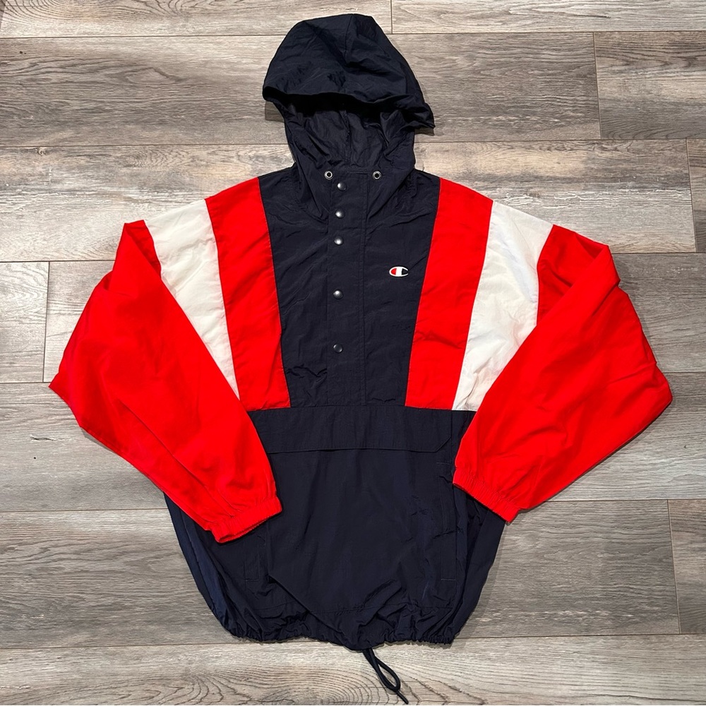 Champion Jacket Mens Medium Pullover Windbreaker Hooded Quarter Zip Lightweight